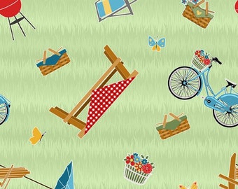 RARE - Por el continuo HALF YARD - Vamos Glamping! por Anne Rowan para Wilmington #68415-743 Picnic Toss on Green, Bicicletas, Flores, Picnic