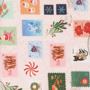 Zeldzaam - By The CONTINUOUS HALF Yards - Tiny Christmas, Lizzy House, Moda #37132-11 kerstzegels op sneeuwwitje met gestippelde roze accenten