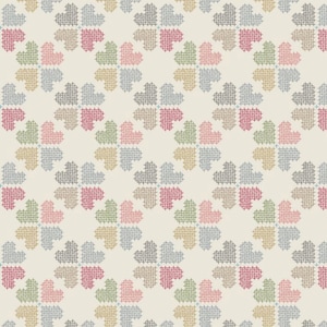 By The HALF YARD - Threaded with Love by Lewis and Irene, Pattern #A183.1 Cream, Cross Stitched Hearts to make a Flower on Cream
