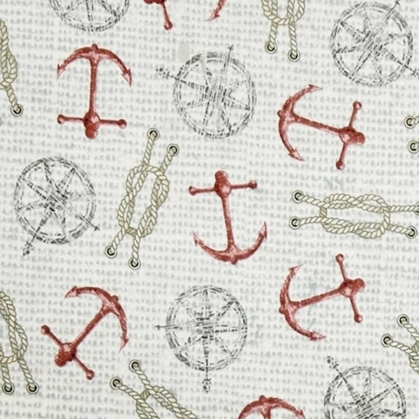 By The HALF YARD - Seaside by Charlene Audrey for Quilting Treasures, #24655-H Red Anchors, Compasses, Ropes Cream on Bluish Gray  and Cream