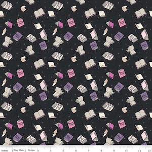 Rare - By The CONTINUOUS HALF Yards - Spooky Schoolhouse, Melissa Mortenson, Riley Blake, #SC13203 Spellbooks on Charcoal Black Silver Stars