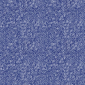 May include: A repeating pattern with a dark blue backdrop, densely populated with small, white, irregularly spaced dots. The dots are of varying sizes, giving a speckled texture. Ideal for fabric, wallpaper, or digital backgrounds. The design evokes a starry night effect.