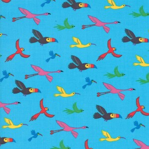 RARE - 19&quot; REMNANT - Bicycle Bunch by Abi Hall for Moda Fabrics, Pattern #35333-15 Flying Tropical Birds on Blue