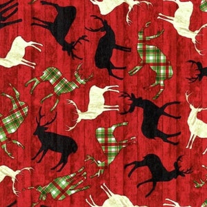 RARE - By The Continuous HALF YARDS - Comfort and Joy for Timeless Treasures #C8656 Tossed Black, Plaid and Cream Silhouette Reindeer on Red