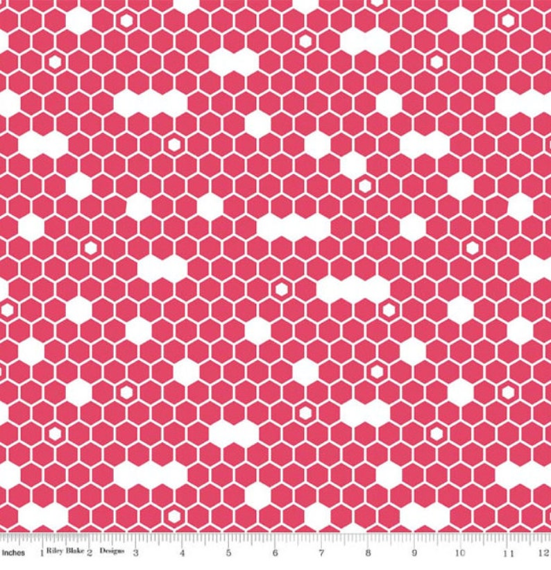 Pu&ograve; includere: Un tessuto geometrico rosa e bianco con un motivo a esagoni che si ripete. Gli esagoni sono bianchi con un contorno rosa e sono disposti a forma di nido d'ape.