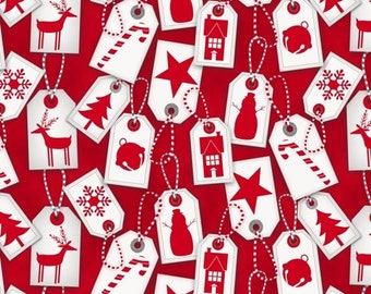 RARE - 21" REMNANT - Frosty Friends FLANNELS by Jan Shade Beach for Henry Glass, Pattern #F6980-88 White and Red Holiday Gift Tags on Red