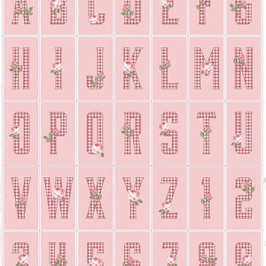 May include: A set of pink and red gingham alphabet and number stickers with a floral design. The letters and numbers are in a white outline.