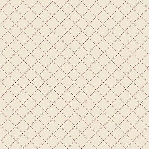 May include: Cream-colored background with a repeating pattern of dark brown dotted lines and dashes forming a diamond grid. The design is simple and elegant, suitable for various applications.