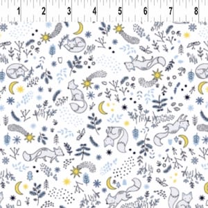 RARE - By The Continuous HALF YARD - Luna by Rae Ritchie, Dear Stella #SRR817 Light Blue Fox Scenes, Moons, Stars, Sprigs, Flowers on White