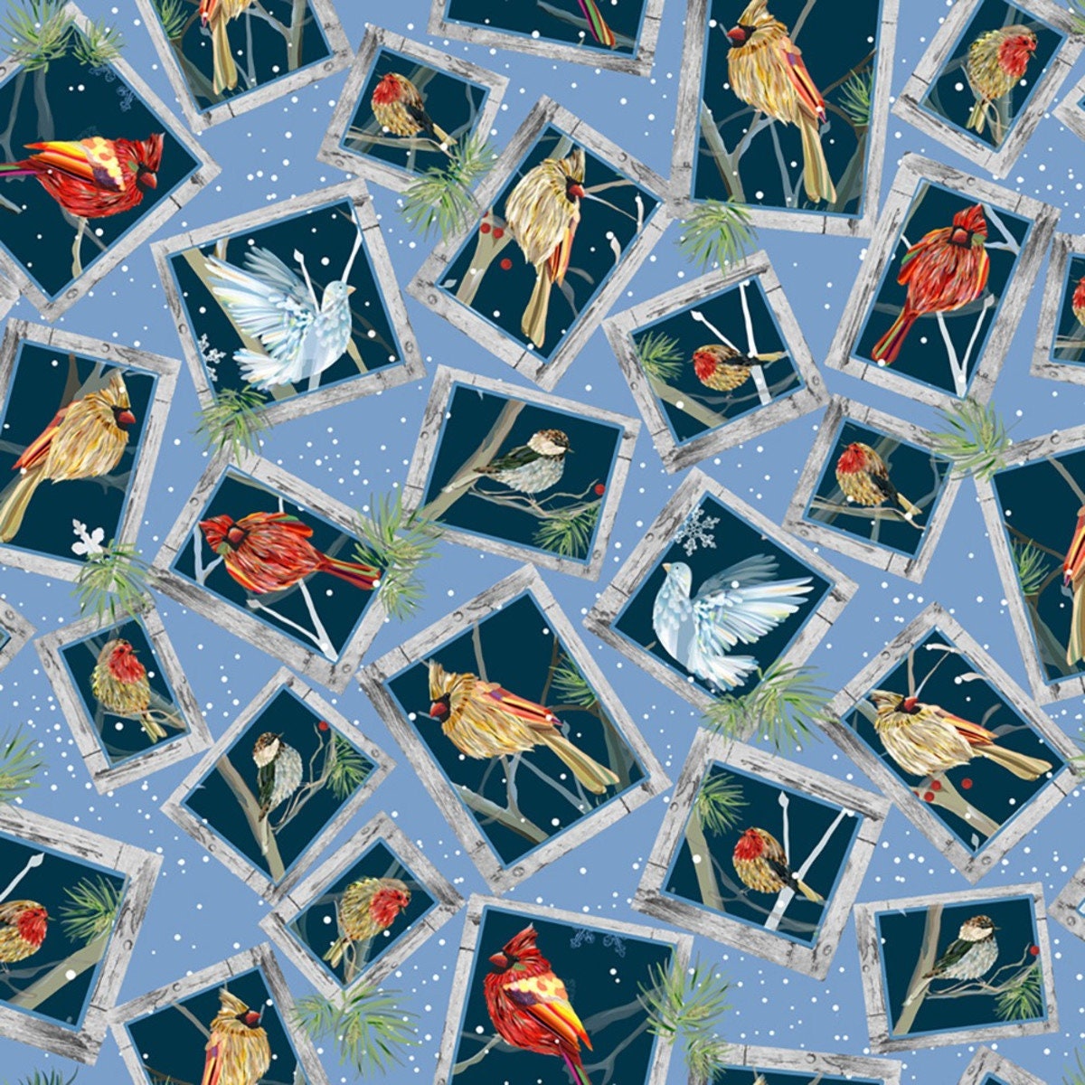 RARE - By The Continuous HALF YARDS - First Frost Deer, ArtWork By Turnowsky for Quilting Treasures, #27438-B Winter Birds Snapshots on Blue