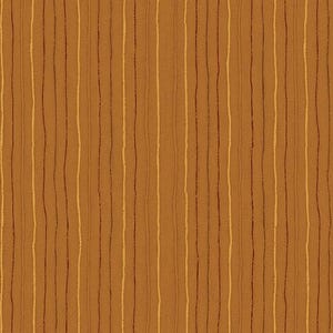 Op de afbeelding: Een herhalend patroon van verticale lijnen in verschillende tinten bruin en beige. De lijnen zijn ongelijkmatig en met de hand getekend, waardoor een textuurrijk, organisch uiterlijk ontstaat. De achtergrond is een warm, aards bruin.