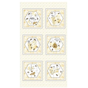 Puede incluir: Un panel de tela con seis diseños hexagonales que muestran ilustraciones de abejas y flores. Cada diseño está enmarcado en blanco sobre un fondo amarillo claro con un patrón. Las ilustraciones incluyen abejas, flores y una colmena.