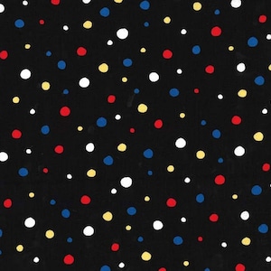 May include: A black background with a scattered pattern of white, red, blue, and yellow polka dots.