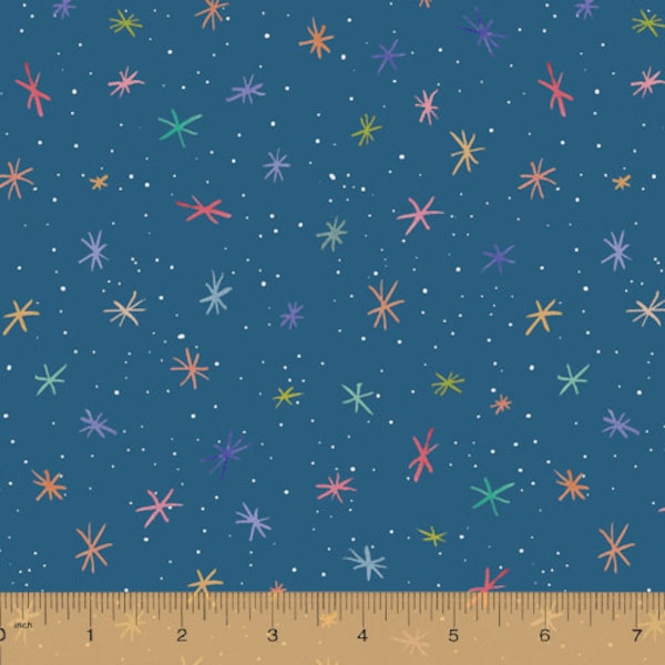 RARE - By The Continuous HALF YARDS - Wonderland by Betsy Olmsted for Windham, #52585D-5 Colorful Handpainted Scattered Stars on Blue