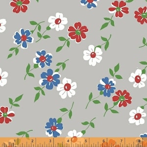 RARE - Por The Continuous HALF YARD - Rebote por Allison Harris para Windham, #51054-5 Flores Rojas, Blancas y Azules, Tallos Verdes en Gris