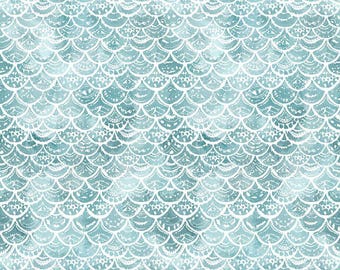 RARE - 29&quot; REMNANT - La Mer by Clara Jean for Dear Stella Fabrics, Pattern #2485 White Mermaid Fish Scales on Aqua Blue