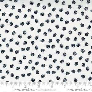 Rare- By The Continuous HALF YARDS - Holiday Essentials Halloween by Stacy Iest Hsu for Moda , #20733-11 Tossed Black Skulls on Ghost White