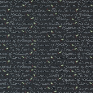 Puede incluir: Un fondo negro con un patrón repetido de texto blanco que dice "Happiest of Holidays", "Tis the Season", "Warm Winter Wishes" y una pequeña hoja de acebo verde con bayas rojas.