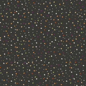 Rare - By the CONTINUOUS HALF Yards - Scaredy Cats by Terri Degenkolb for Windham Fabrics #53538-4 Multi Colored Twinkle Stars on Coal Black