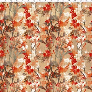 May include: A seamless pattern featuring a repeating design of red, white, and orange flowers and leaves on a beige background.