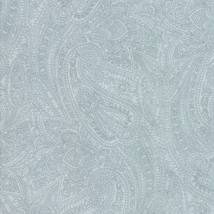 May include: A light blue fabric with a paisley pattern. The pattern is made up of intricate swirls and lines.
