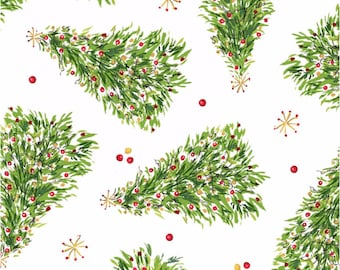 RARE - 34&quot; REMNANT - All The Trimmings For Maywood Studio, pattern #MAS9372-W Tossed Decorated Christmas Tree on White, Snowflakes