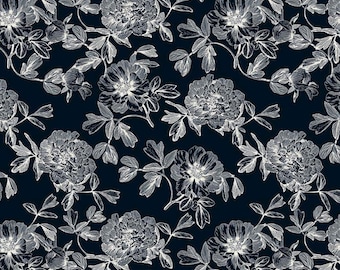 RARE - By The Continuous HALF Yard - In Bloom by My Mind's Eye for Riley Blake, Pattern #SC8073-BLACK Pearl Cream Roses on Black