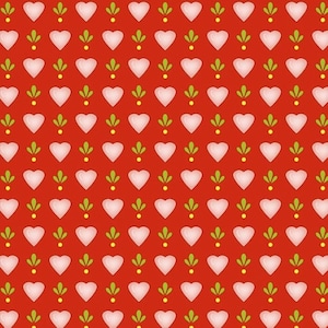 By The HALF YARD - Follow Me by Dana Brooks for Henry Glass, Pattern #9778-88 Tonal Pink Hearts, Yellow Dots and Green Leaves on Red
