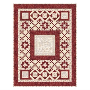 May include: A red and cream quilt with a central square featuring a floral design and the text "The Little House". The quilt is made up of various geometric patterns, including stars, diamonds, and squares.