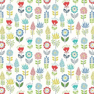 RARE - 12" REMNANT - Town and Country by Lewis and Irene, Pattern #A013.2 Bright Red, Blue, Yellow Green 1.5” Tall Flowers on White