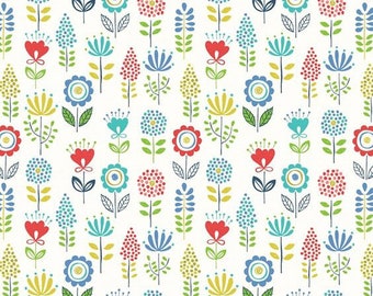 RARE - 12&quot; REMNANT - Town and Country by Lewis and Irene, Pattern #A013.2 Bright Red, Blue, Yellow Green 1.5” Tall Flowers on White