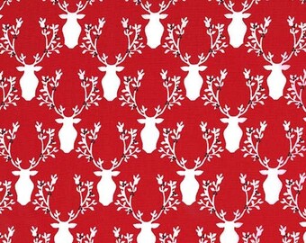 By The Continuous HALF YARD - Rustique Winter by Emily Herrick for Michael Miller #DC7983-CRAN-D Bucks and Boughs, White Deer Antlers on Red