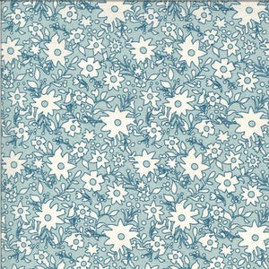 May include: A repeating pattern of white flowers with dark blue outlines on a light blue background. The floral design includes various sizes of flowers and small dots, creating a detailed and elegant textile pattern.