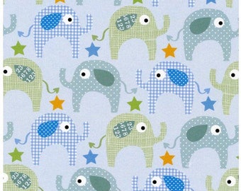 By The Continuous HALF YARD - Le Elephant by Ellen Crimini-Trent for Clothworks, #Y1625-29, Patterned 1.25” Elephants on Baby Blue