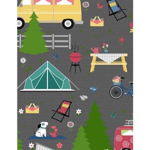 May include: A colourful illustration featuring a camping theme with a yellow camper van, a green tent, a picnic table, a grill, a bicycle, a dog, and trees on a grey background.