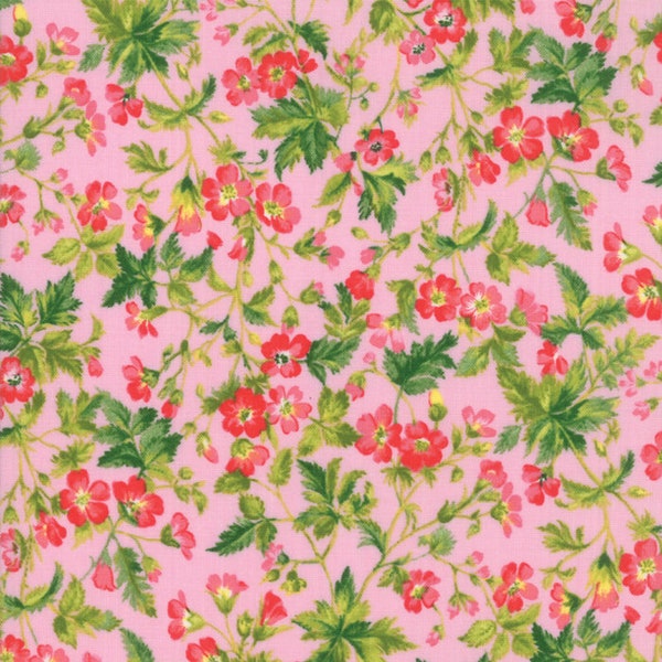 Rare - By The Continuous HALF YARD - Wildflowers IX by Moda Fabrics, #33382-13 Tonal Pink and Yellow Dogwood Blossoms, Buds on Petunia Pink