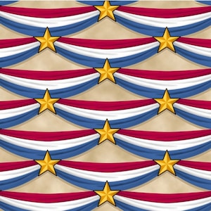 RARE - By The Continuous HALF YARD - Long May She Wave by Lynn Rathburn Quilting Treasures, #24407-E Flag Banners and Gold Stars on Cream