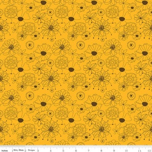 RARE - By The Continuous HALF YARD - Give Thanks by Sandy Gervais for Riley Blake, Pattern #C5921 Outlined Packed Brown Flowers on Gold