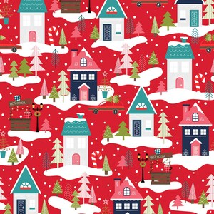 May include: A red background with a repeating pattern of white snow-covered hills, houses, and Christmas trees. The houses are decorated with candy canes, wreaths, and lights. The trees are green and white. The text "Hot Cocoa" appears on a sign in the image.