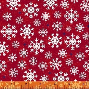 Rare - By The Continuous HALF YARD - Christmas USA by Whistler Studio for Windham, #51667-2 White Falling Snowflakes and Blue Stars on Red