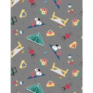 May include: A grey background with a repeating pattern of camping and picnic themed illustrations. The illustrations include a tent, a picnic basket, a grill, a dog, a picnic table, and flowers.