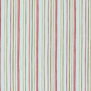 Może przedstawiać: Tkanina z powtarzającym się wzorem pionowych pasków. Paski naprzemiennie czerwone, oliwkowozielone i jasnoniebieskie na białym tle. Paski mają różną szerokość i lekko teksturowany wygląd.