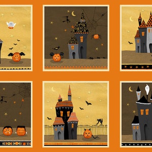 RARE - 24” PANEL - Cheekyville by DT-K Signature for Studio e, Pattern #4663P-33 12 Haunted House Halloween Scene Blocks, Pumpkins, Moons