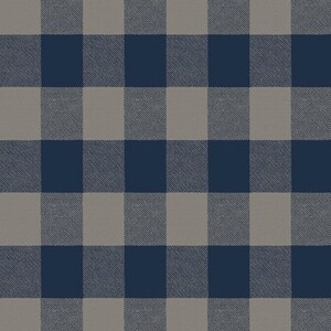 May include: A navy blue and grey plaid fabric with a checkered pattern. The fabric is woven with a subtle texture.