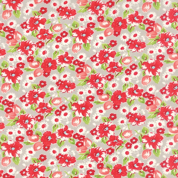 RARE - 11" REMNANT - Little Ruby by Bonnie and Camille for Moda #55130-15 Little Swoon on Gray, Flowers in Pink, Red, White