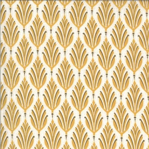 May include: A repeating pattern of stylized, yellow-gold leaves with dark brown accents on a cream background. The leaves are arranged in a grid-like formation, creating a symmetrical and decorative design. The pattern is reminiscent of Art Deco style.