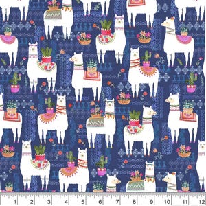 May include: A seamless pattern featuring white llamas with colourful saddles and cacti on a dark blue background. The llamas are arranged in a repeating pattern, with some facing left and some facing right. The background is a dark blue with a geometric pattern.