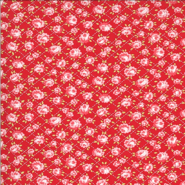 RARE - By The Continuous HALF YARDS - Shine On by Bonnie and Camille for Moda, #55214-11 Pink Roses on Dashed White Diagonal Grid on Red