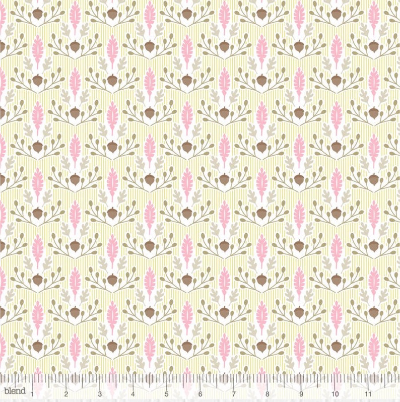 #113.108.05.1 Little Acorn and Sprigs Rows on Creamy White Born Wild by Ana Davis for Blend Fabrics By The Continuous HALF YARD RARE