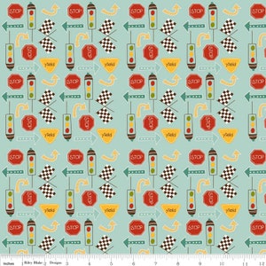 By The HALF Yard - On Our Way by RBD Designers for Riley Blake, Patt.  #C4122 Teal Way Signs, Road Signs, Flags and Stop Lights on Teal Blue